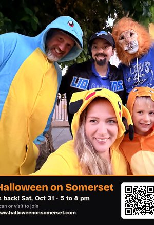 Neighbors in Halloween costumes, with event details & QR code